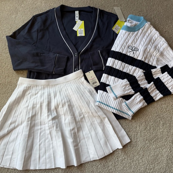 all in motion Sweaters - Navy Cardigan, White Pleated Skirt, and Striped Sweater Set size medium nwt